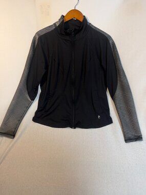 FILA Sport Track Jacket Womens L Black Gray Striped Sleeve Full Zip Athleisure